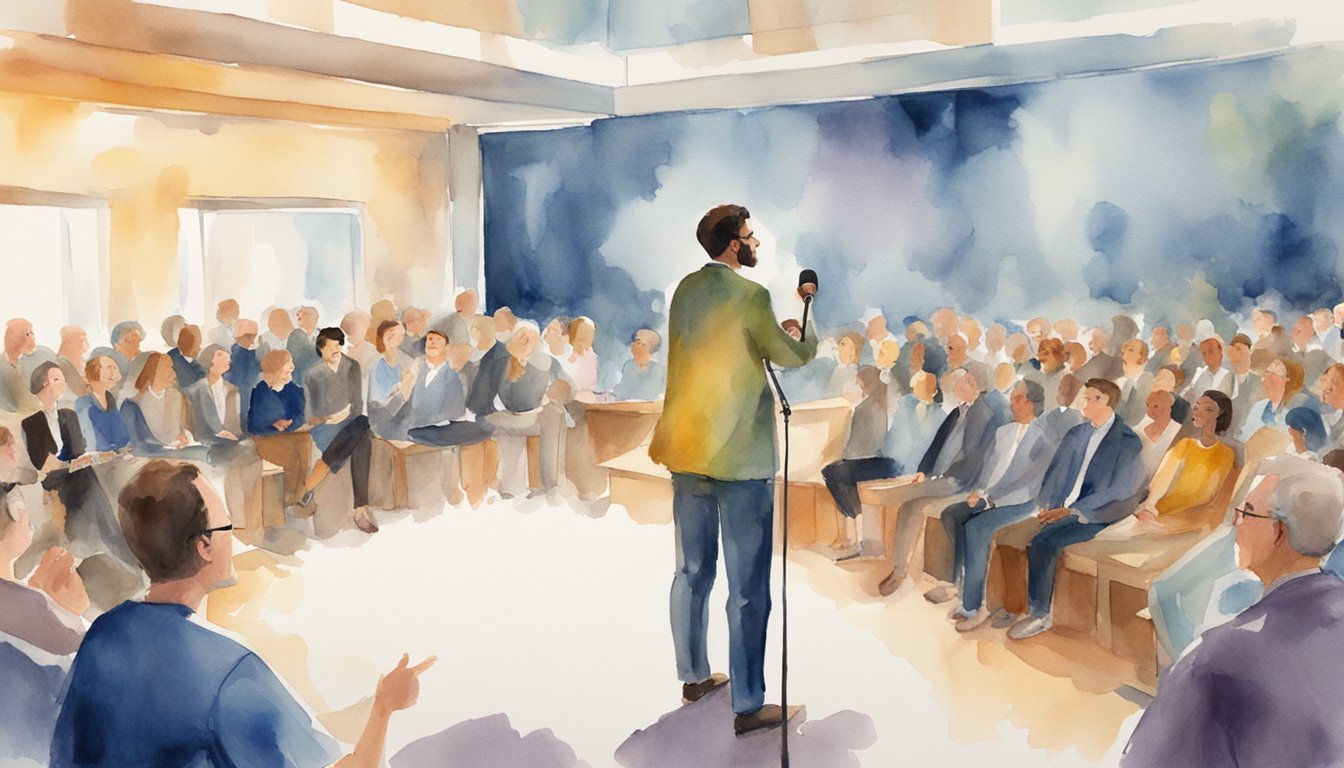 A person speaking into a microphone with a large audience of people listening.</p><p>The room is filled with excitement and energy as the speaker shares valuable content