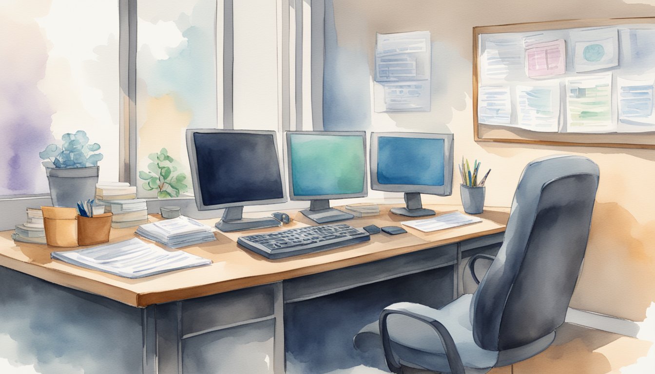 A desk with a computer, calculator, and financial documents.</p><p>A virtual meeting in progress on the computer screen.</p><p>A sign on the wall reads "Virtual Financial Planning Business."