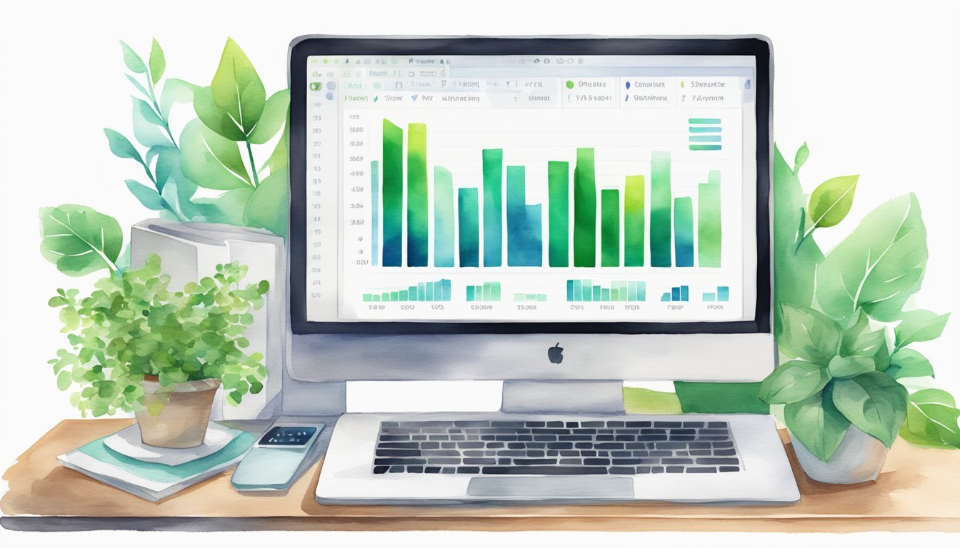 A desk with a laptop, financial charts, and green plant.</p><p>A virtual financial planning business logo displayed on the screen