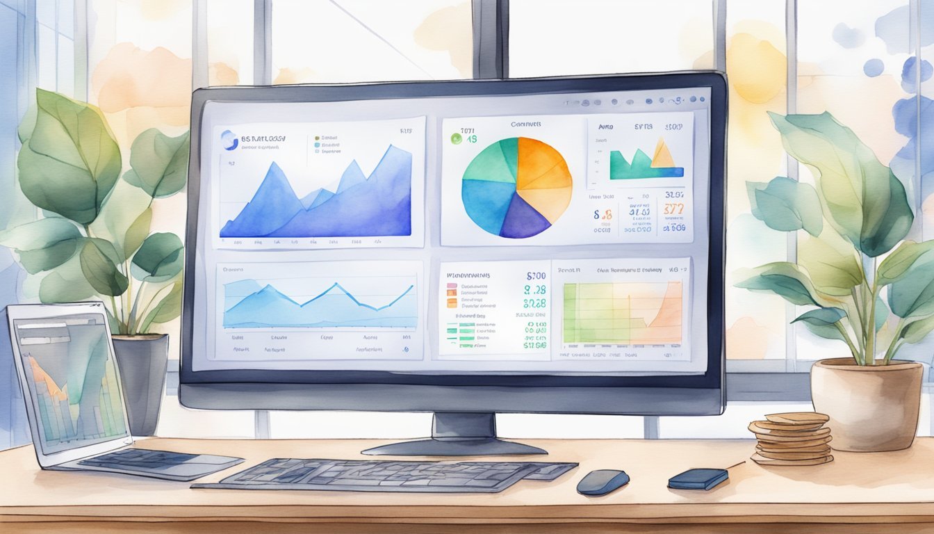 A virtual financial planning business: a computer screen with cryptocurrency charts, a desk with financial reports, and a virtual meeting with clients