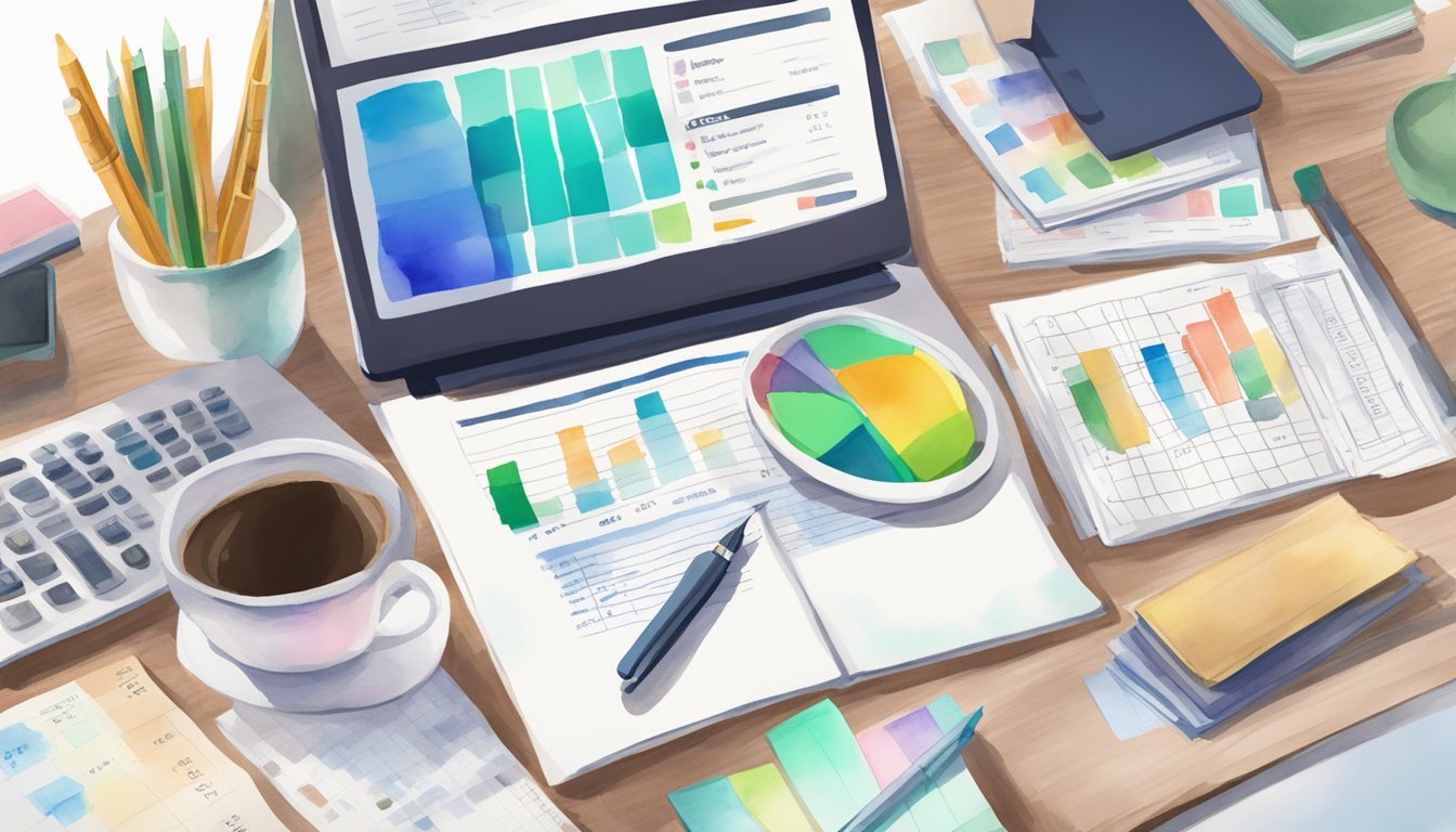 A desk cluttered with financial documents, a laptop open to a budget planning spreadsheet, and a stack of books on virtual financial planning