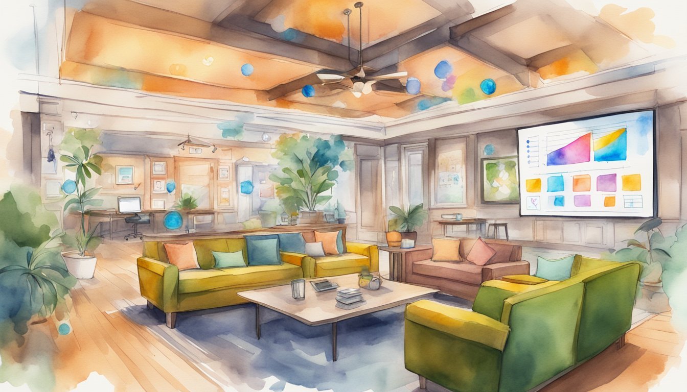 A vibrant Clubhouse room with 6 strategies displayed on a virtual screen, surrounded by premium content symbols and a cash flow chart