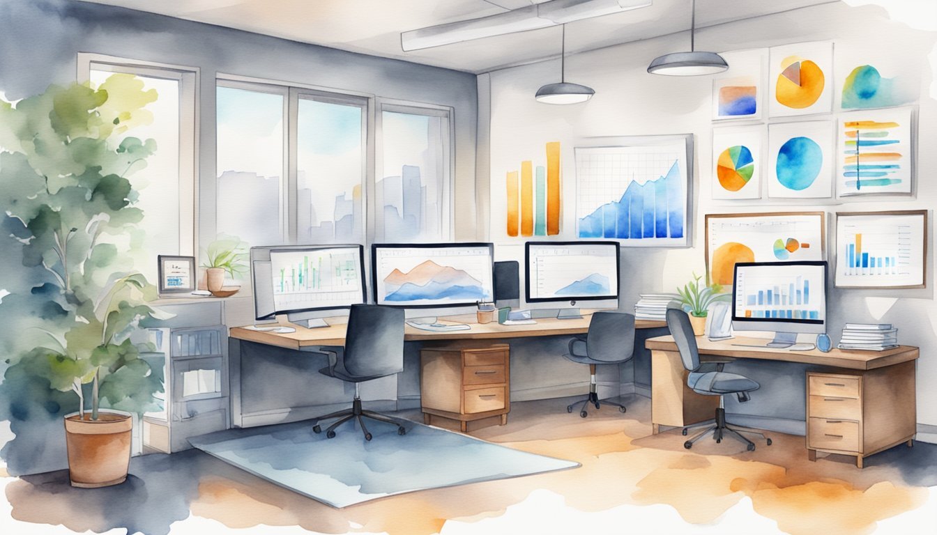 A modern office setup with virtual financial planning tools and charts, showcasing 10 profitable niches for starting a virtual financial planning business