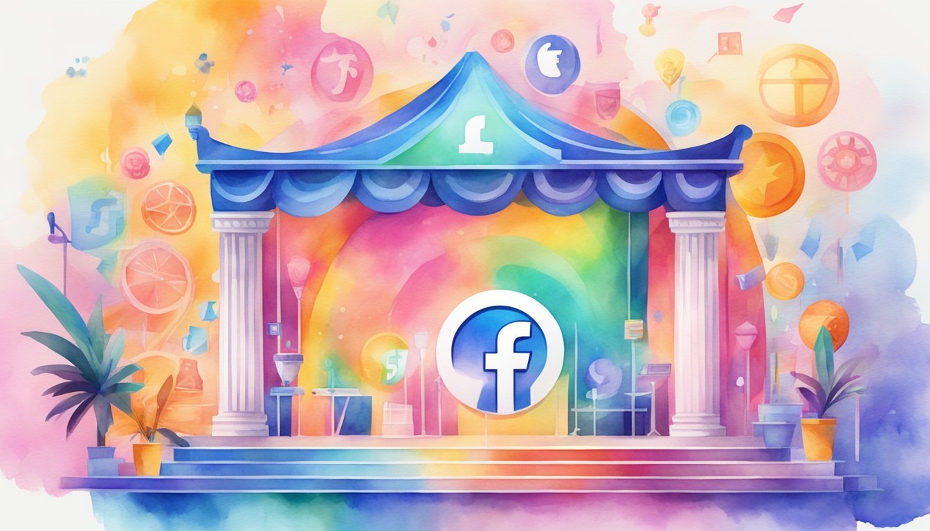 A vibrant virtual stage with Facebook Live logo, 12 money symbols, and various monetization tools like ads, sponsors, and merchandise