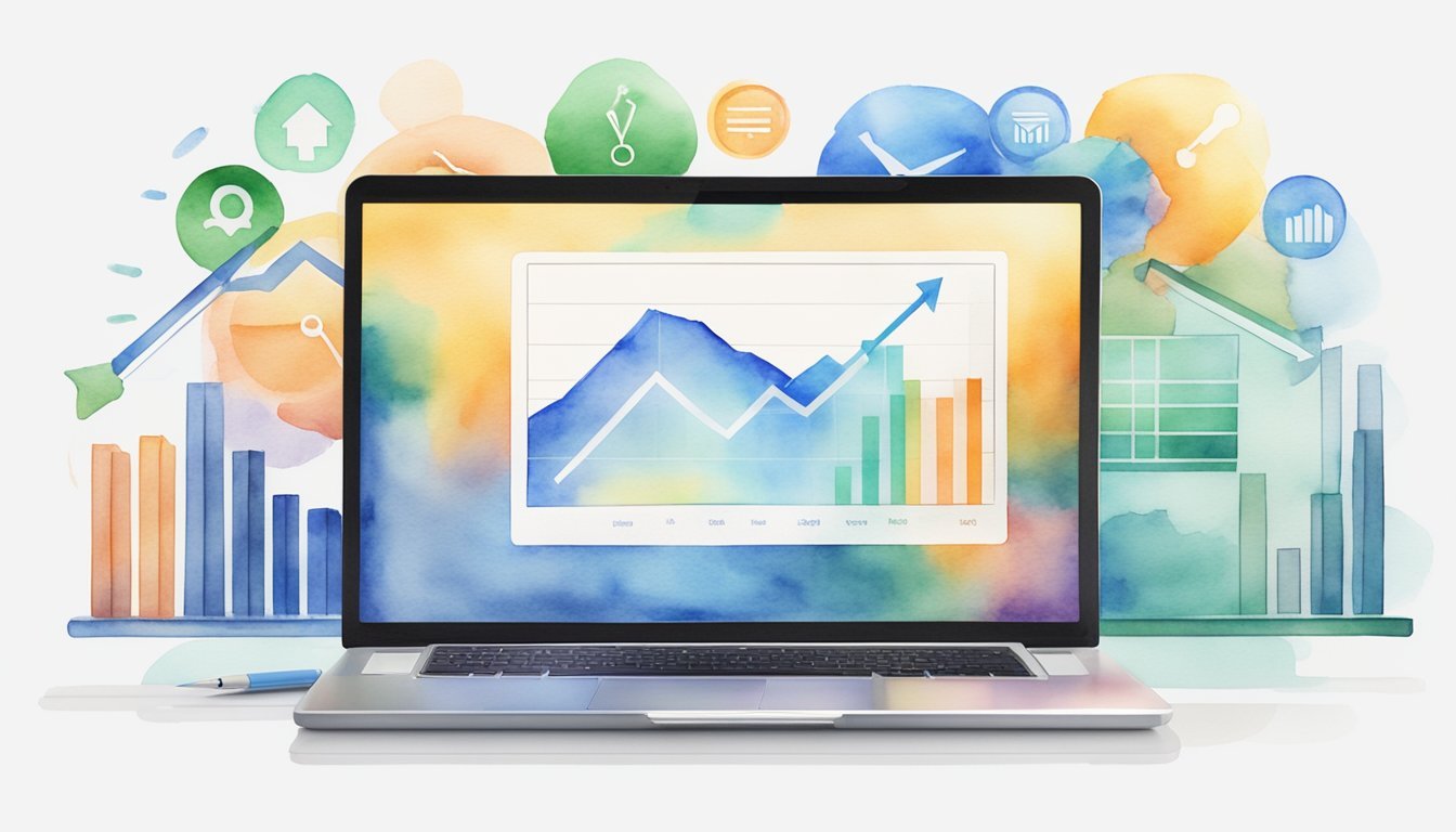 A laptop surrounded by survey and focus group logos, with a graph showing earnings increasing over time