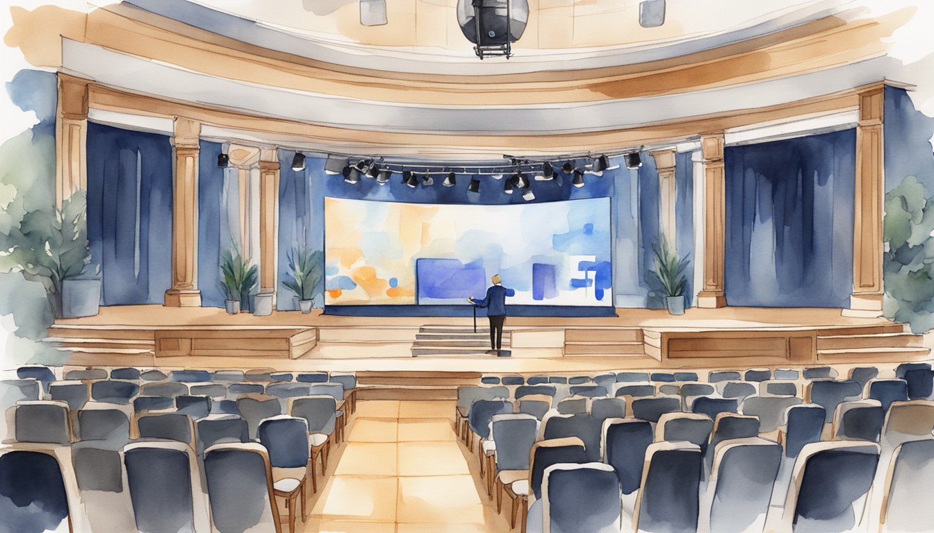 A stage with a microphone and a large screen displaying "12 Strategies for Monetizing Your Facebook Live Videos." Audience chairs are arranged in front