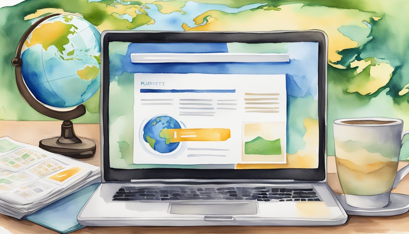 A laptop displaying a virtual travel consultant's website with 10 money-making ideas, surrounded by a globe, travel brochures, and a cup of coffee