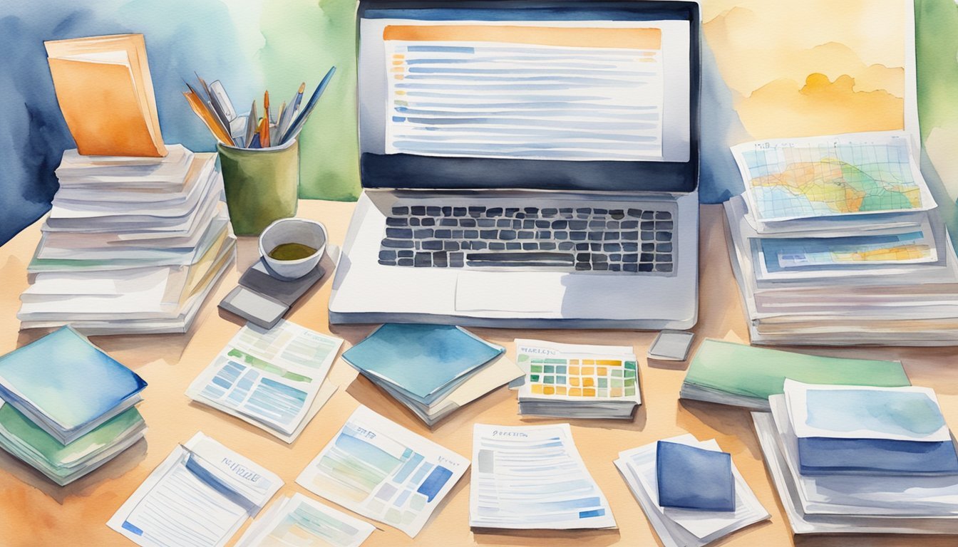 A desk cluttered with visa application forms, a computer with virtual travel consultant tips, and a stack of travel brochures