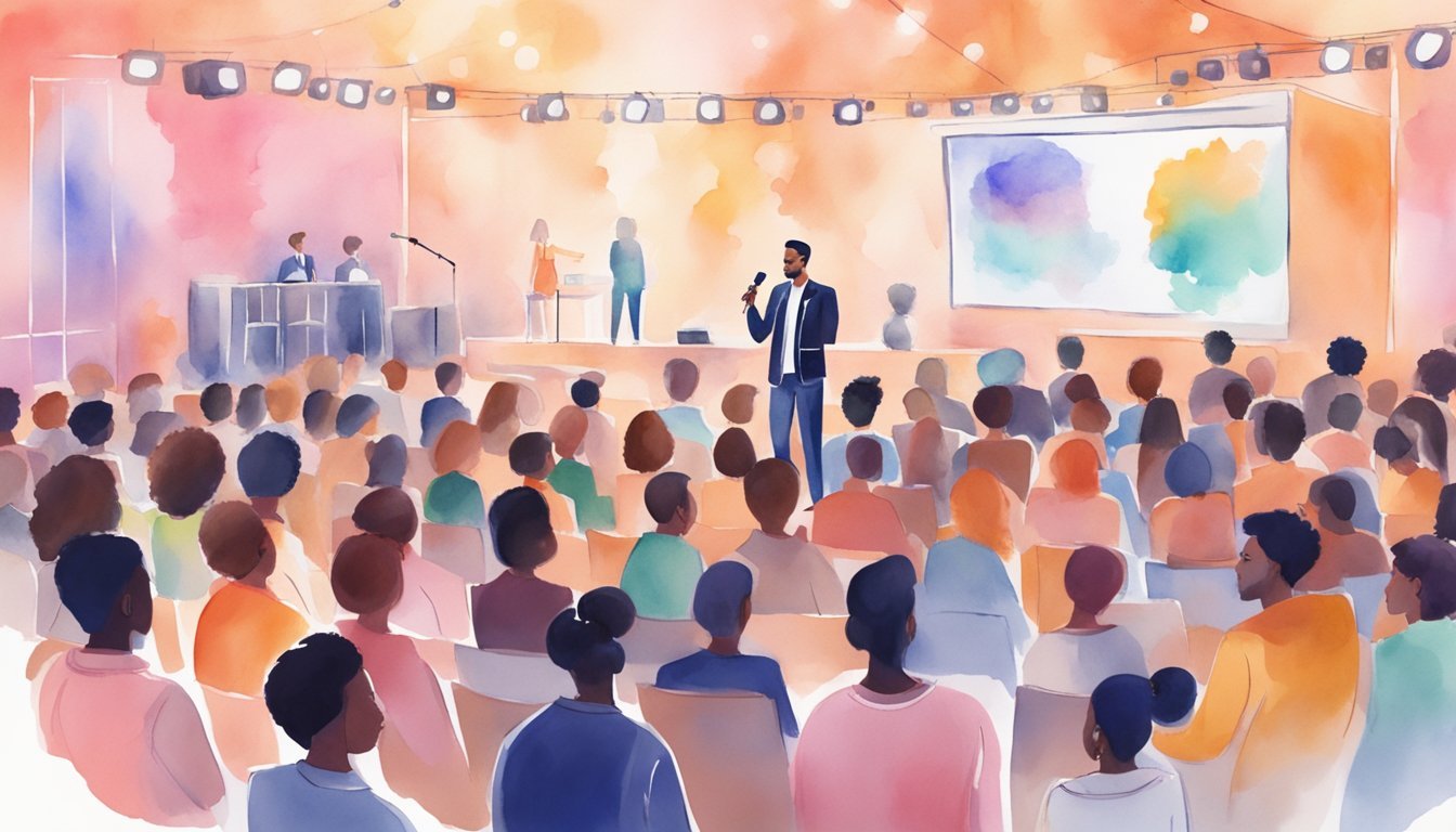 A virtual event emcee stands on a stage, holding a microphone and engaging with a diverse audience.</p><p>A virtual event platform is displayed behind them, showcasing various ways to make money