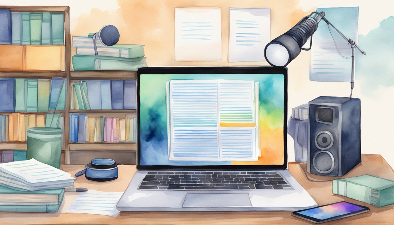 A laptop with a microphone and camera, surrounded by stacks of books and notes, with a virtual event poster in the background