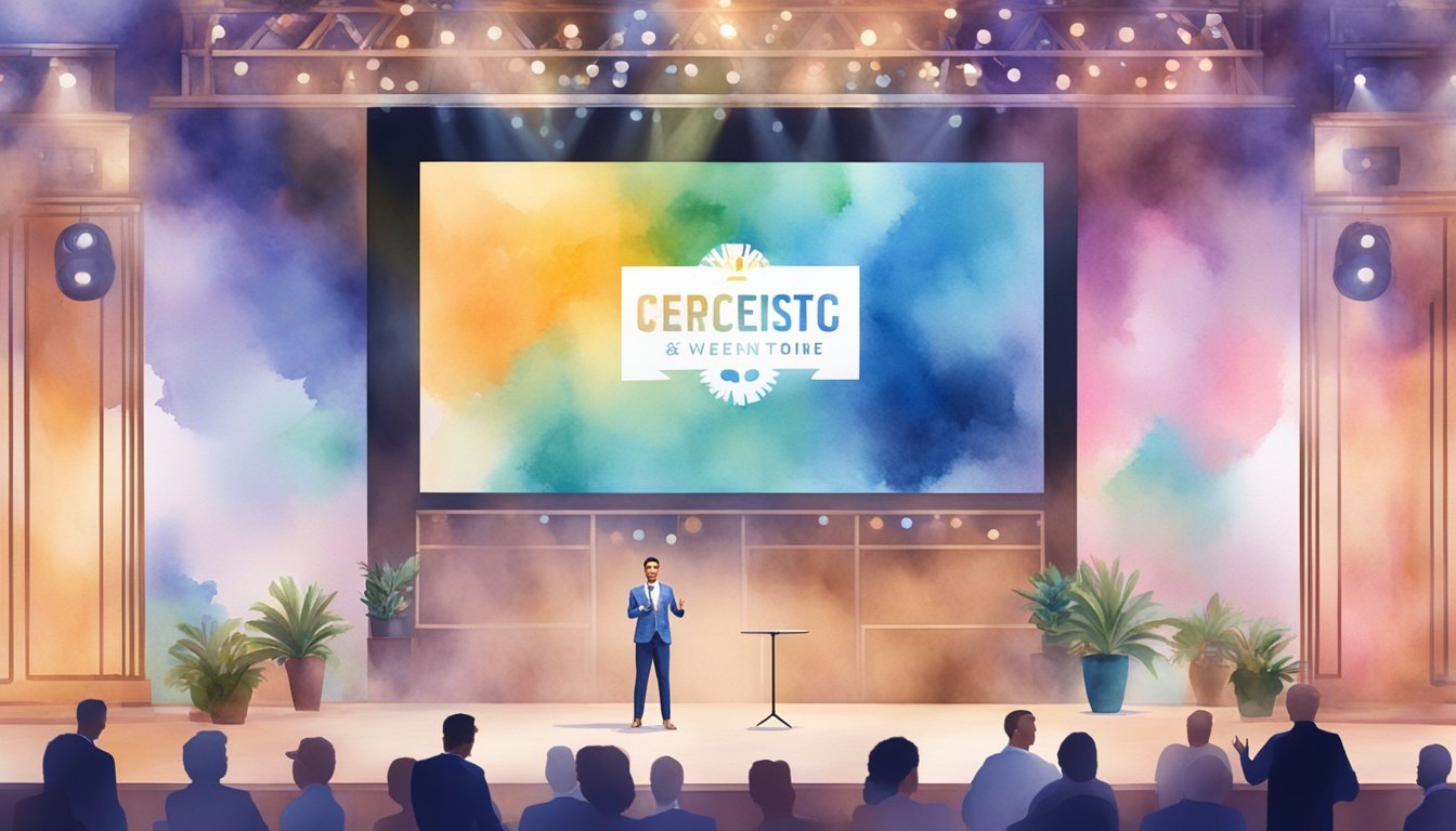 A virtual event emcee stands confidently on stage, engaging the audience with charisma and energy.</p><p>A digital backdrop displays the event's logo and sponsors, creating a professional and dynamic atmosphere