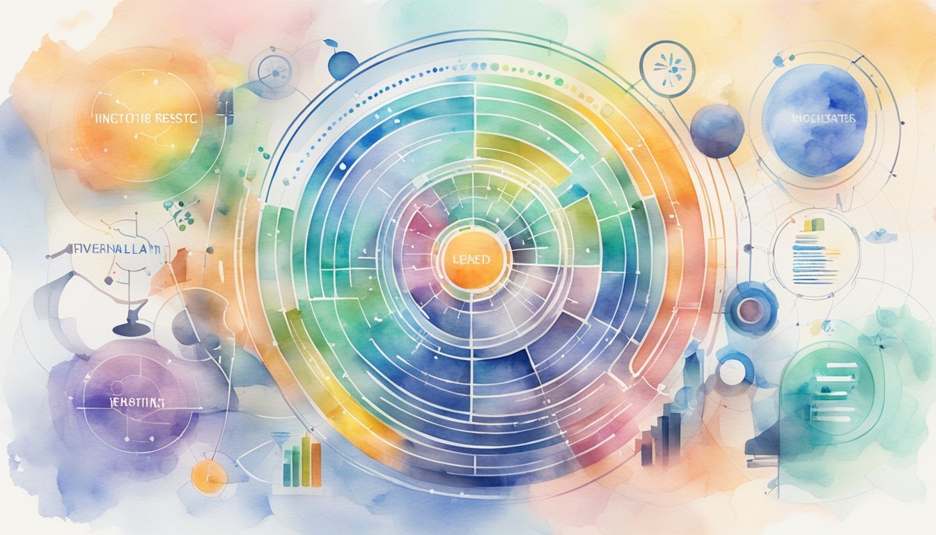 Keywords swirling around a central algorithm, with various tools and graphs orbiting the main focus, representing the innovative machine learning tools for keyword research