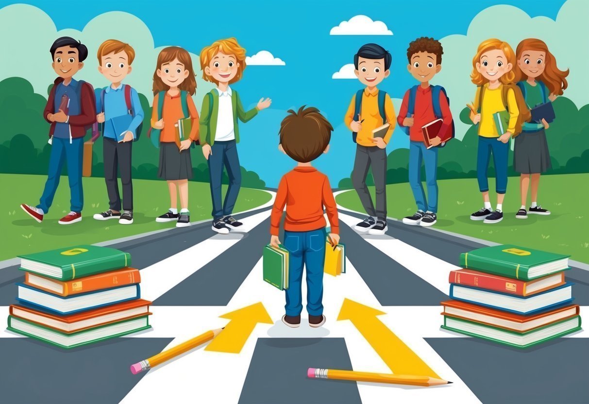 A child stands at a crossroads, one path leading to older peers in higher grades, the other to familiar classmates.</p><p>Books and pencils symbolize the academic challenges and opportunities ahead