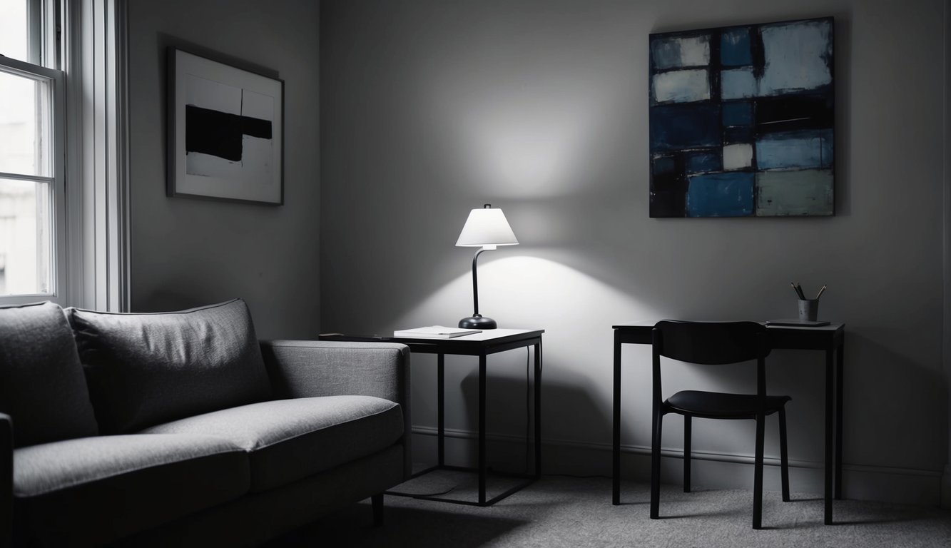 A dimly lit room with a couch and a chair facing each other.</p><p>A small desk with a lamp and a notepad.</p><p>An abstract painting on the wall