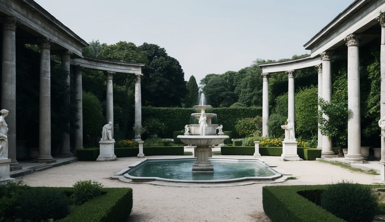 A serene garden with classical sculptures and a central fountain, surrounded by ancient columns and lush greenery, evoking the ideals of humanism