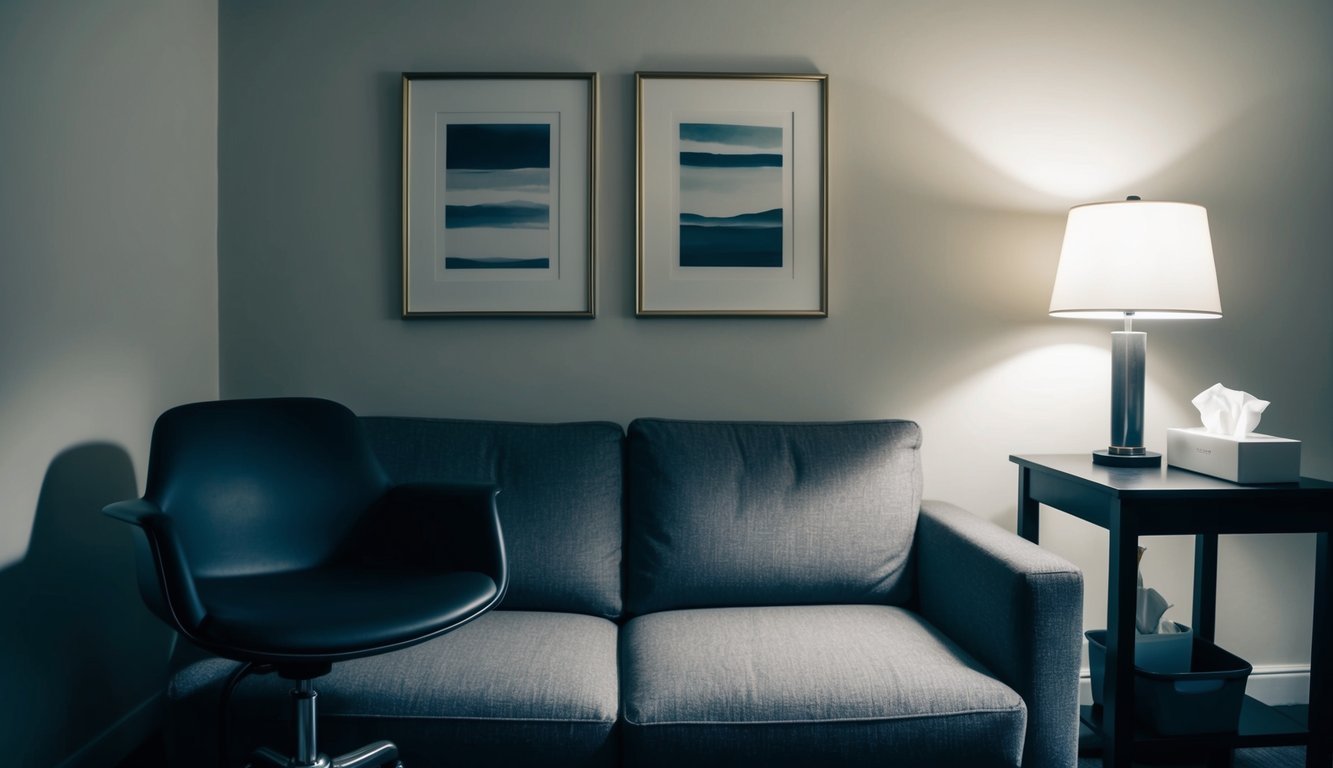 A comfortable couch in a dimly lit room, with a therapist's chair and a small table holding a lamp and a box of tissues