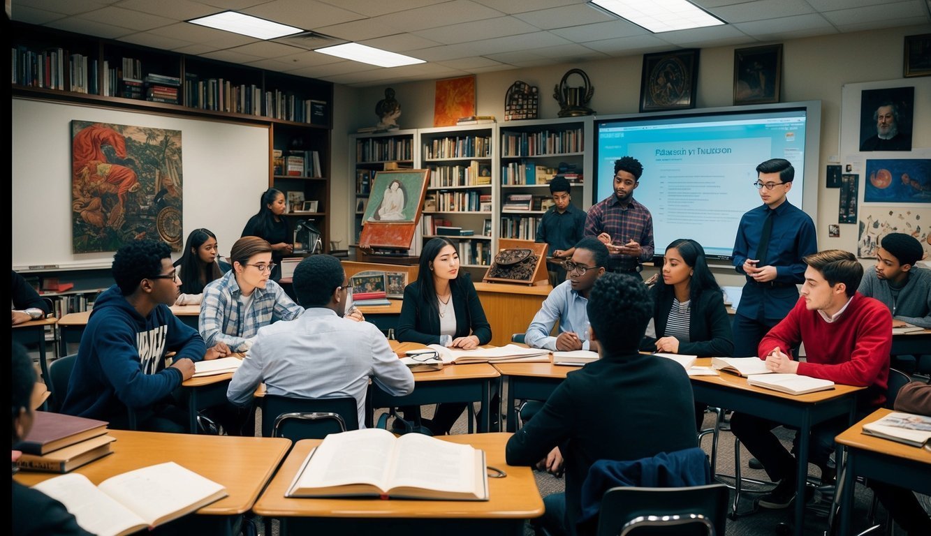 A classroom with diverse books, art, and historical artifacts, surrounded by students engaged in discussion and critical thinking