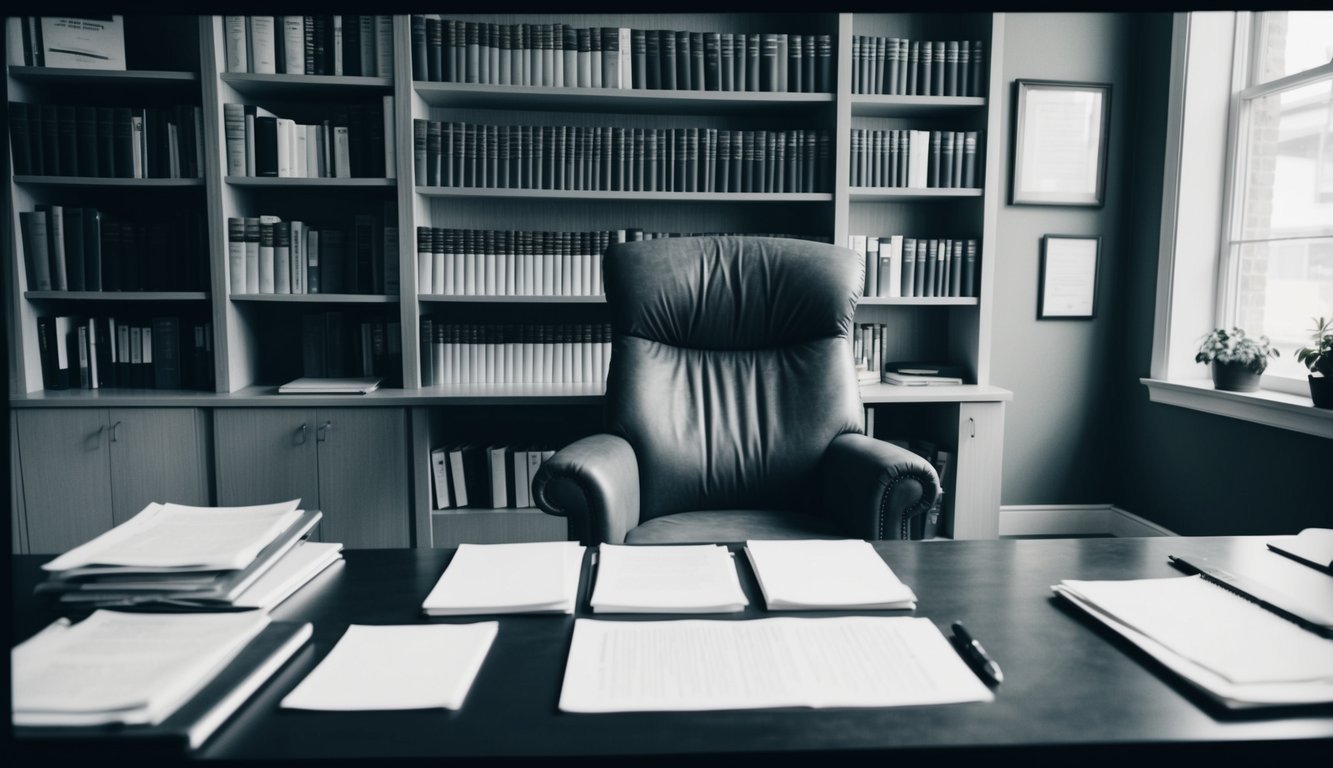 A psychiatrist's office with a comfortable chair, bookshelves filled with psychology texts, and a desk covered in papers and a pen