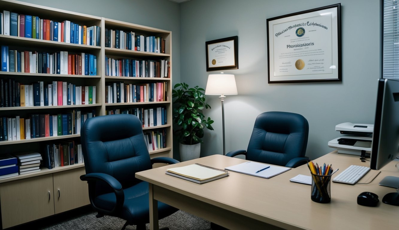 A psychologist's office with a desk, chair, and couch.</p><p>A bookshelf filled with textbooks and a diploma on the wall.</p><p>A computer and notepad on the desk