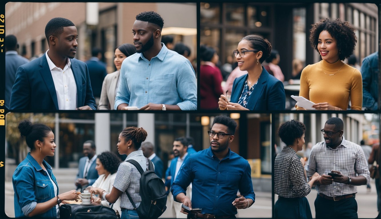 A diverse group of individuals engaging in various social activities, such as talking, working, and interacting with each other in a public setting