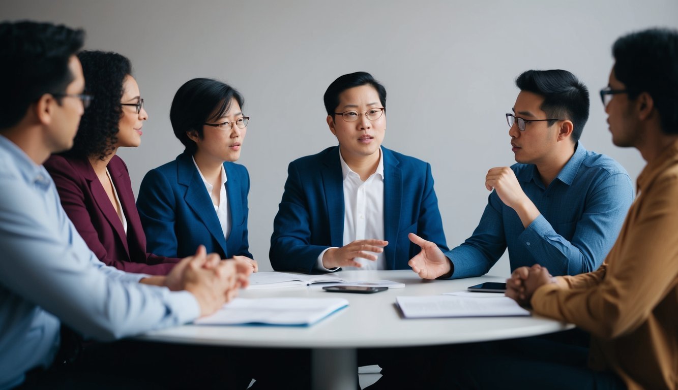 A group of people engaging in a discussion, with some individuals appearing to be persuaded or influenced by the opinions of others