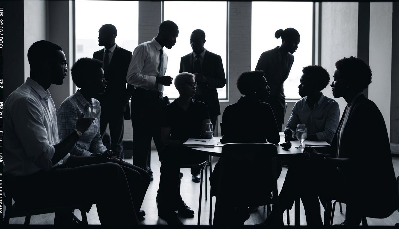 A group of diverse silhouettes engage in conversation and body language, displaying various social interactions and relationships