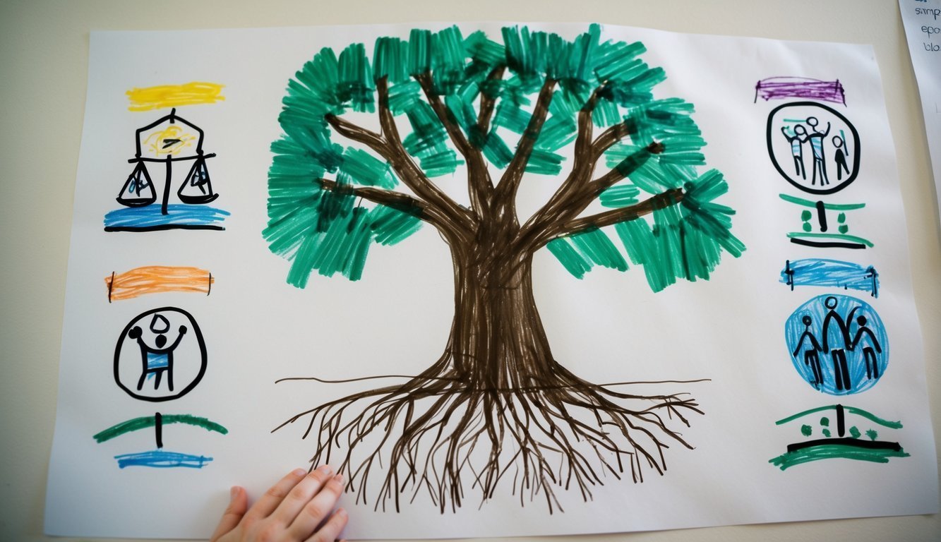 A child's drawing of a tree with roots, trunk, and branches, surrounded by symbols representing different stages of human development