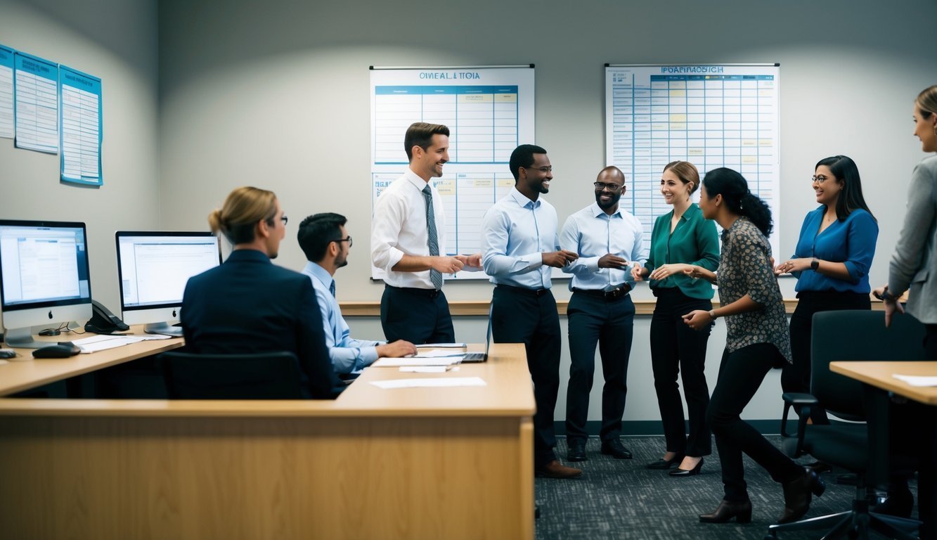 An office setting with a desk, computer, and organizational charts on the wall.</p><p>A group of employees engaged in team-building activities