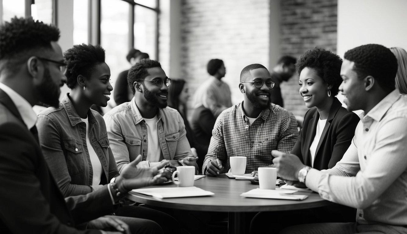 A group of diverse individuals engage in conversation and interaction within a social setting, displaying various expressions and body language