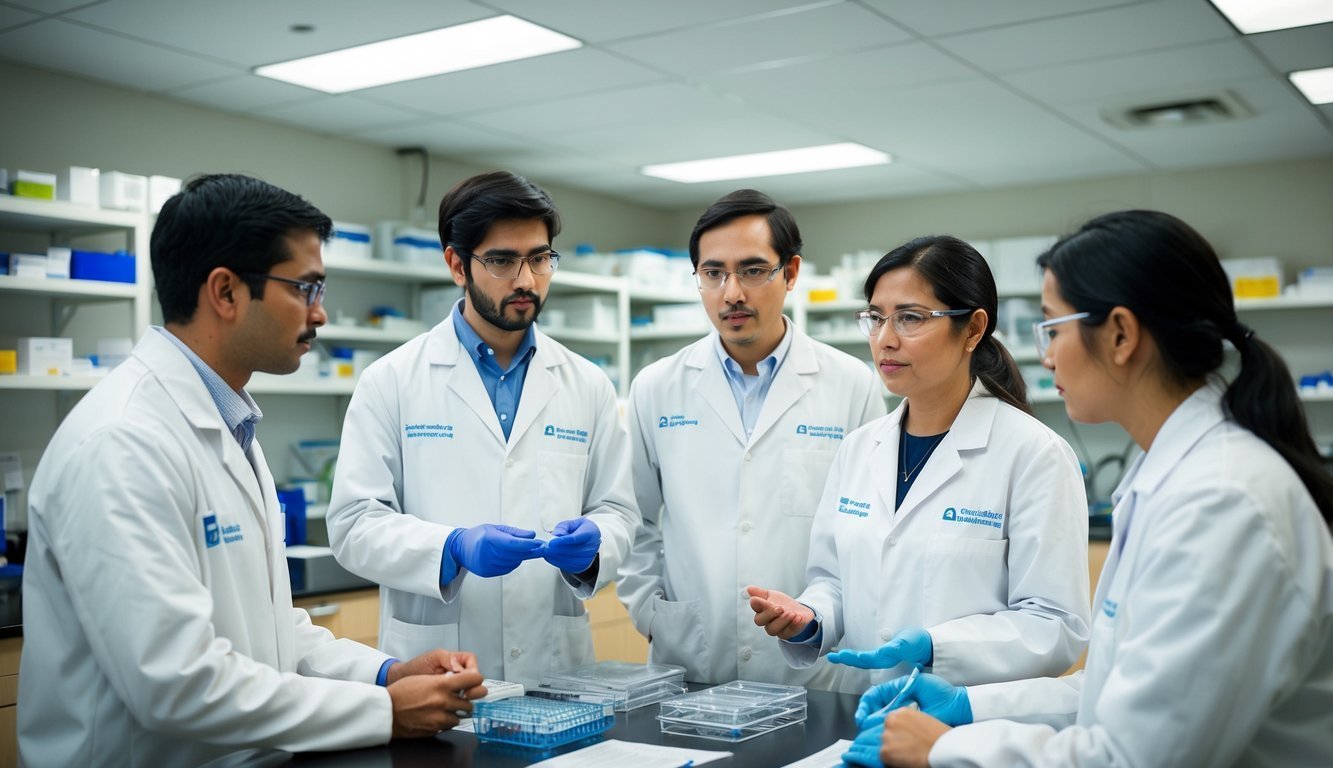 A group of researchers discussing ethical guidelines in a laboratory setting