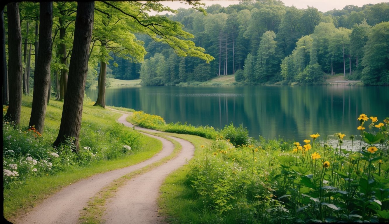 A serene forest with a winding path leading to a peaceful lake, surrounded by lush greenery and colorful flowers