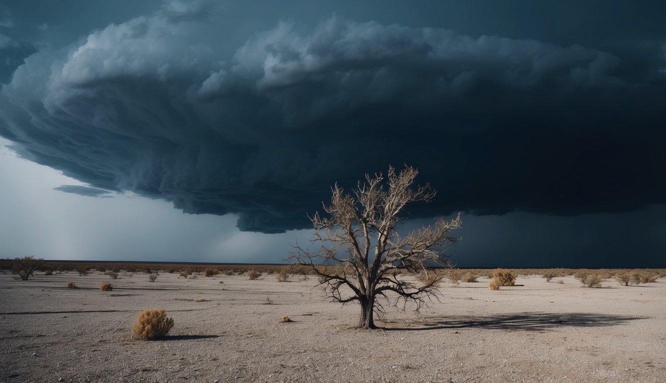 A dark storm cloud hovers over a desolate landscape, casting a shadow over a wilted tree