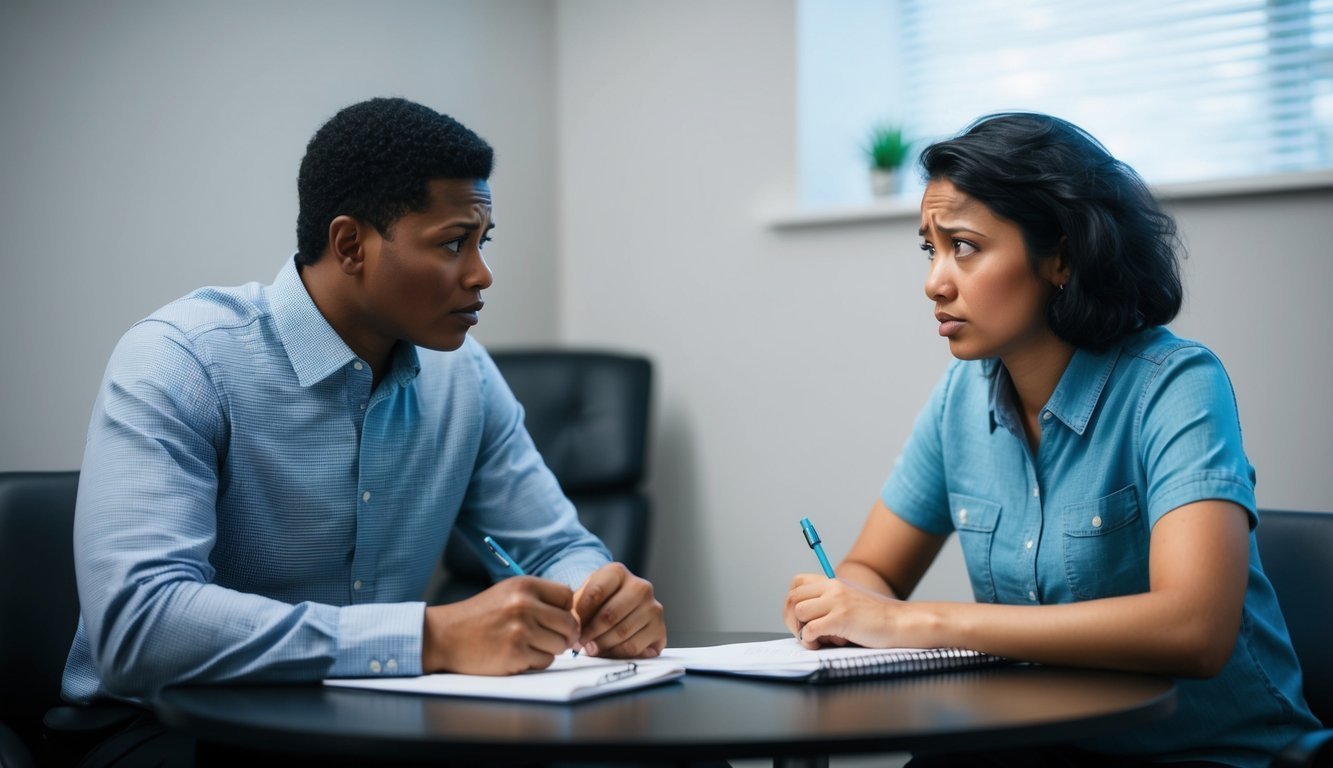 A therapist sitting across from a distressed individual, taking notes while listening intently.</p><p>The individual appears anxious and emotional, with signs of impulsivity and mood swings