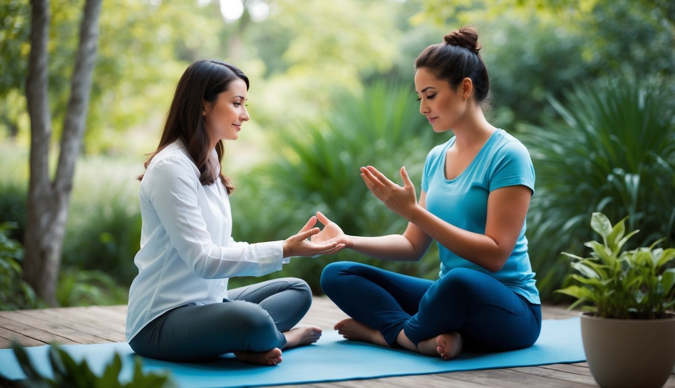 A therapist guiding a client through mindfulness exercises in a peaceful, nature-filled setting