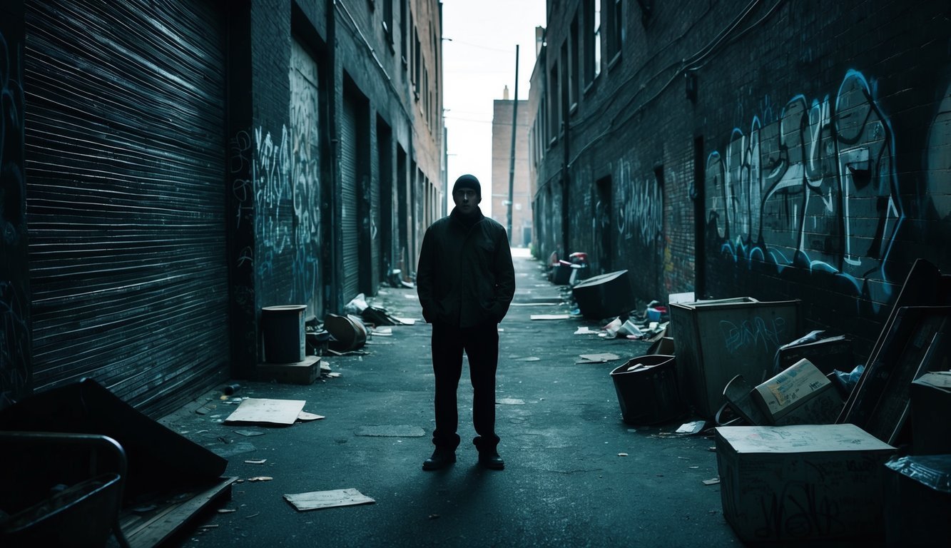 A figure standing alone in a shadowy alley, surrounded by discarded objects and graffiti-covered walls, exuding a sense of detachment and disregard for societal norms