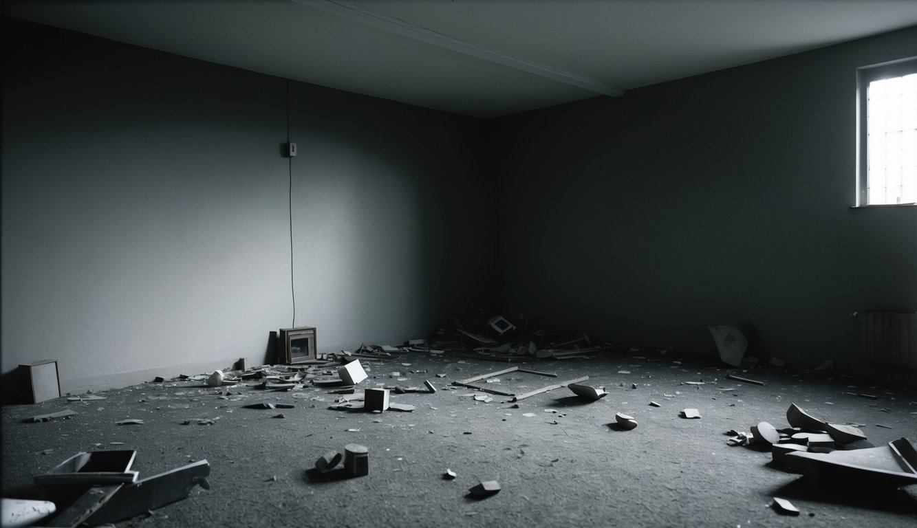 A dark and empty room with scattered broken objects and a sense of isolation and detachment