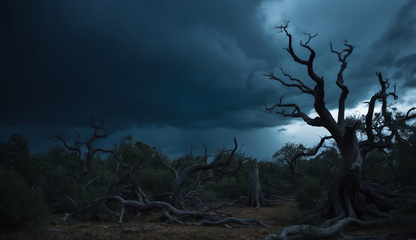 A dark, stormy sky looms over a tangled forest, with twisted and gnarled trees casting eerie shadows.</p><p>A sense of foreboding and unease permeates the scene