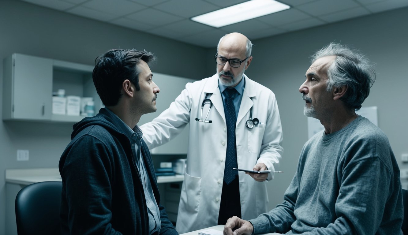 A psychiatrist conducting a diagnostic interview with a disheveled, agitated patient in a sterile, dimly lit examination room