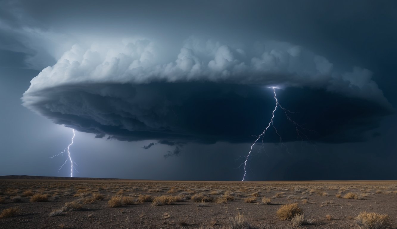 A dark storm cloud looming over a barren landscape, with jagged lightning strikes and a sense of impending danger