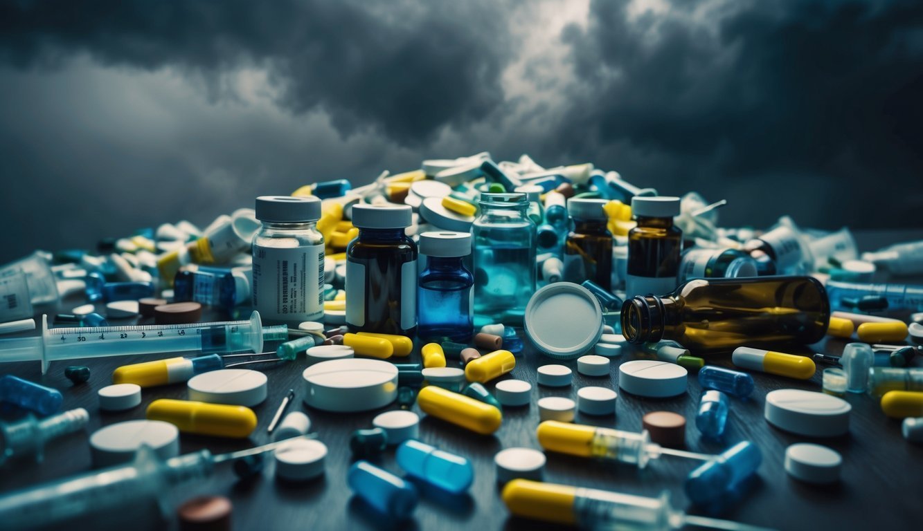 A chaotic tangle of pills, bottles, and syringes, surrounded by a dark cloud of despair and isolation