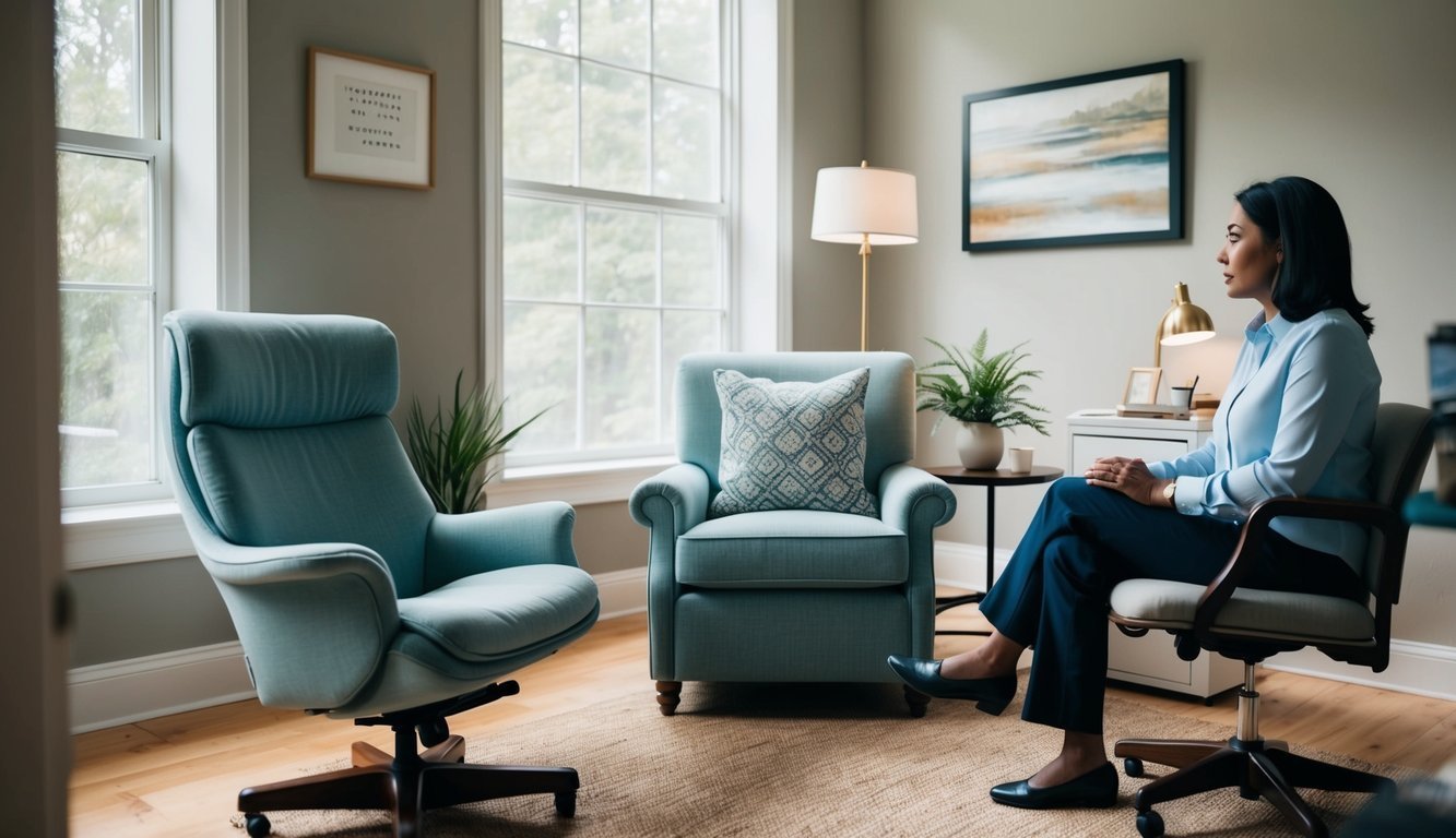 A serene office with a comfortable chair, soft lighting, and a cozy atmosphere, where a therapist engages in deep conversation with a client