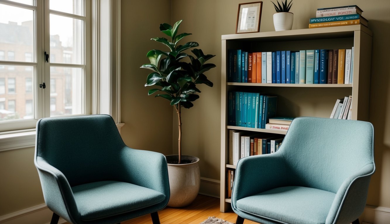 A cozy office with two chairs facing each other, soft lighting, and a warm color palette.</p><p>A potted plant and a bookshelf with various books on psychology and emotional development