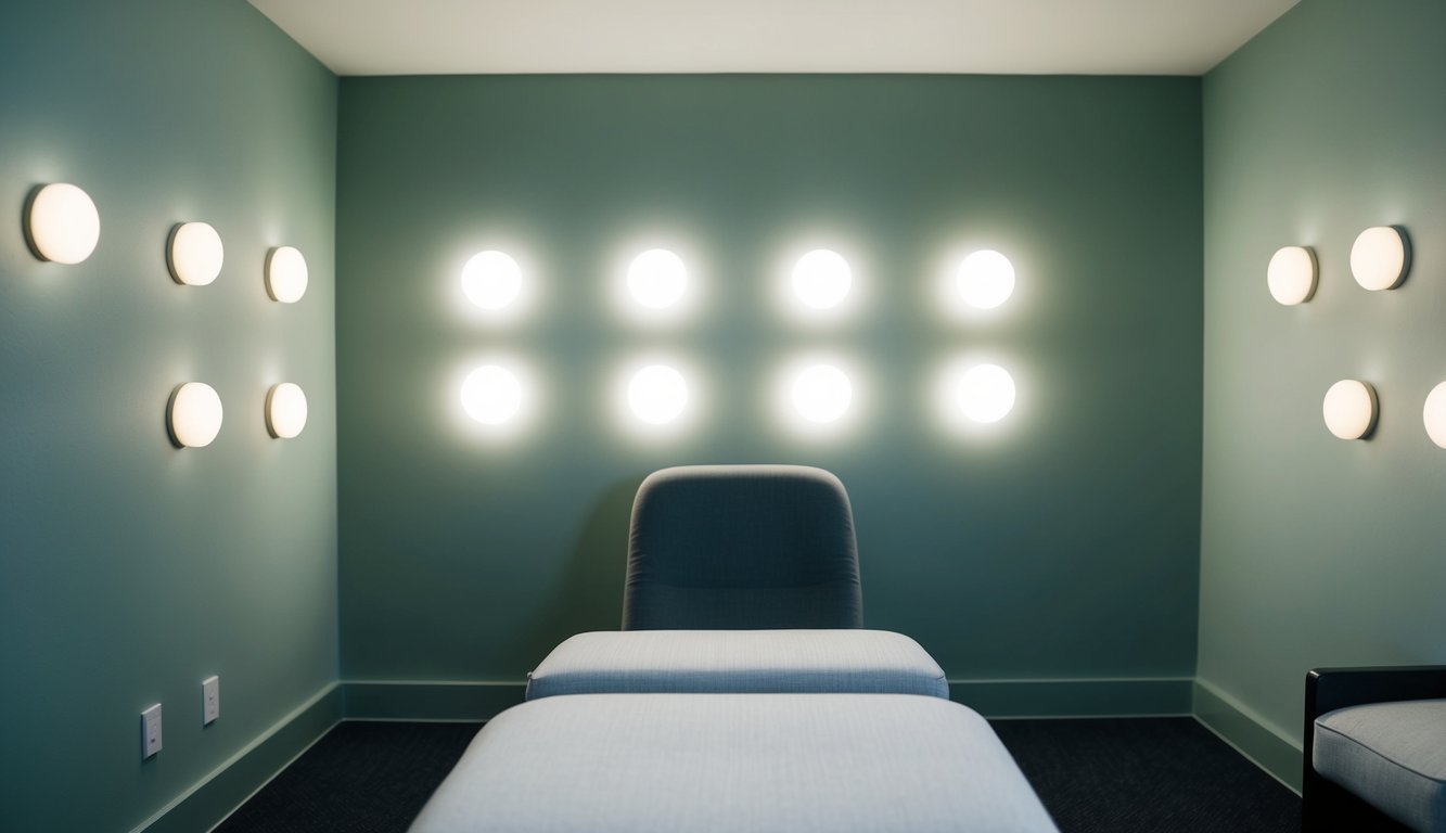 A serene, dimly lit therapy room with a comfortable chair facing a series of softly glowing lights on the wall