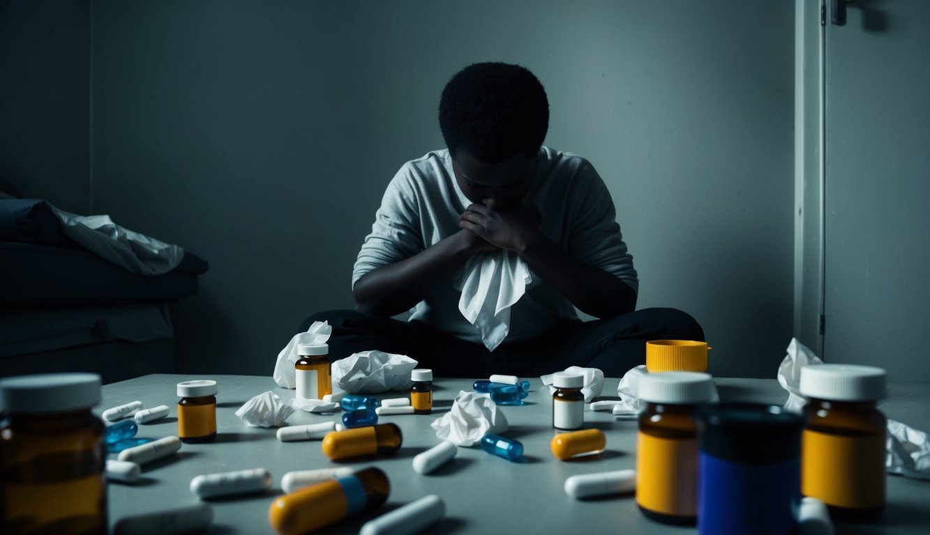 A person sitting alone in a dimly lit room, surrounded by empty pill bottles and crumpled tissues, with a heavy weight on their chest