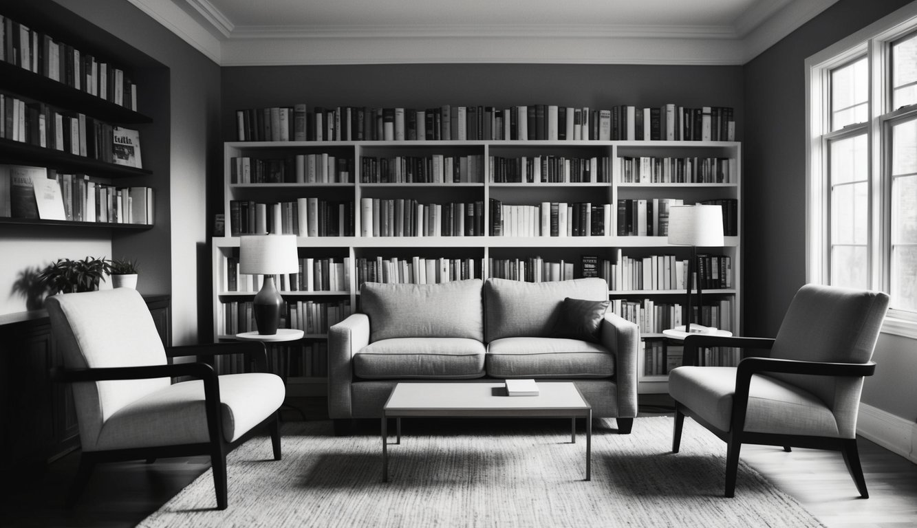 A comfortable room with a couch and two chairs, soft lighting, and a bookshelf filled with psychology and therapy books