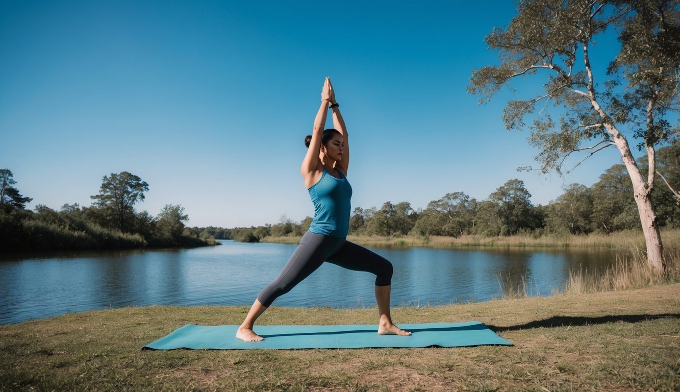 A person practicing yoga in a serene natural setting, surrounded by trees and a calm body of water, with a clear blue sky overhead