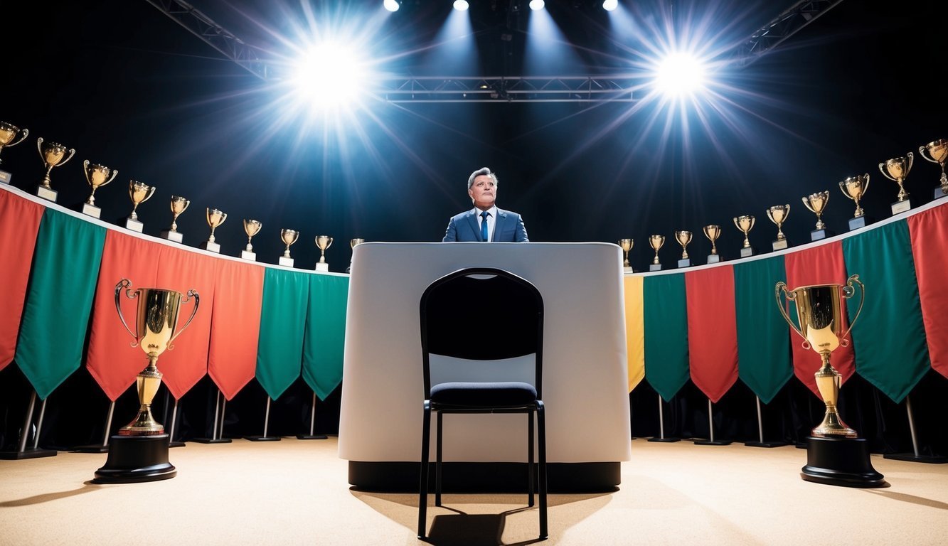 A bright spotlight shines on a podium surrounded by colorful banners and trophies.</p><p>An empty chair sits in front of the podium, waiting for someone to take the stage