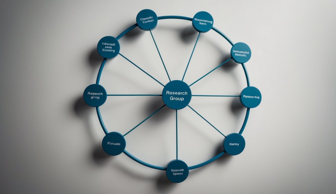 A circle of interconnected nodes representing the interconnected relationships and interactions within a research group