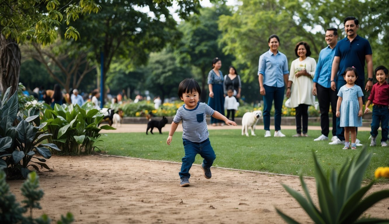 A child playing in a park surrounded by diverse plants, animals, and families from different cultural backgrounds