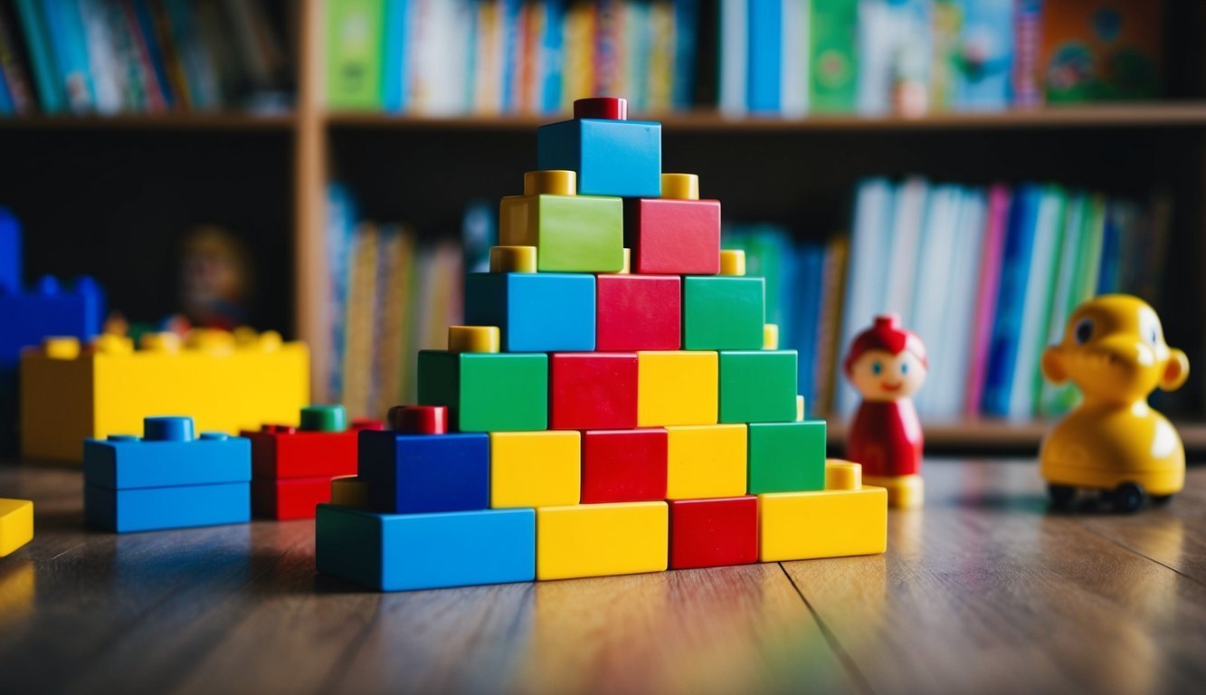 A group of colorful building blocks arranged in a pyramid shape, with a child's toy nearby and a bookshelf filled with children's books in the background